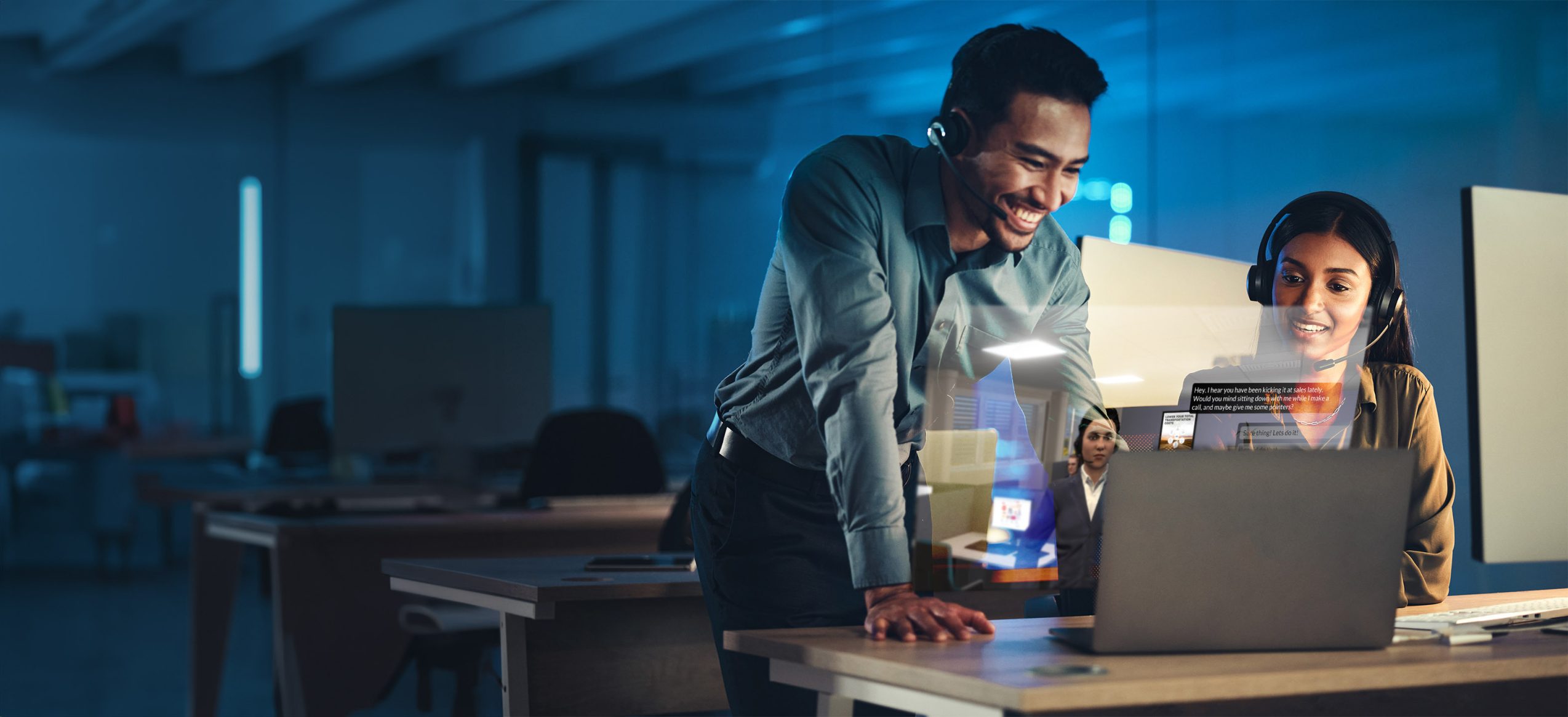 Call center woman and man playing attensi game on computer