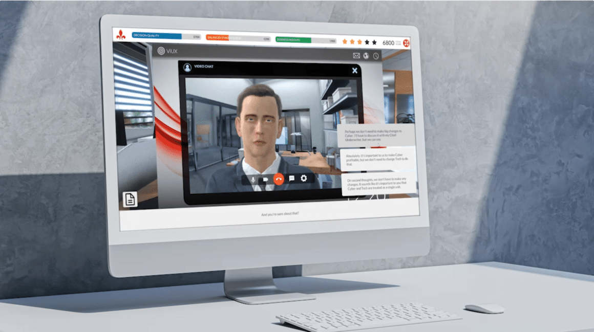 A computer monitor showing a video of a character from Hiscox's game-based training by Attensi